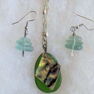 Green Sea Glass Set With Aboline Accent On Pendant